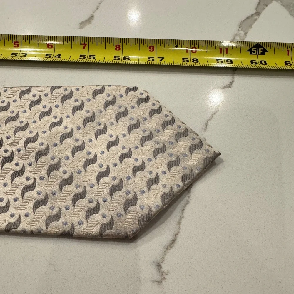 Paul Dione Mens Silk Tie Geometric Wave Polka Dot Champagne Silver Grey Handmade